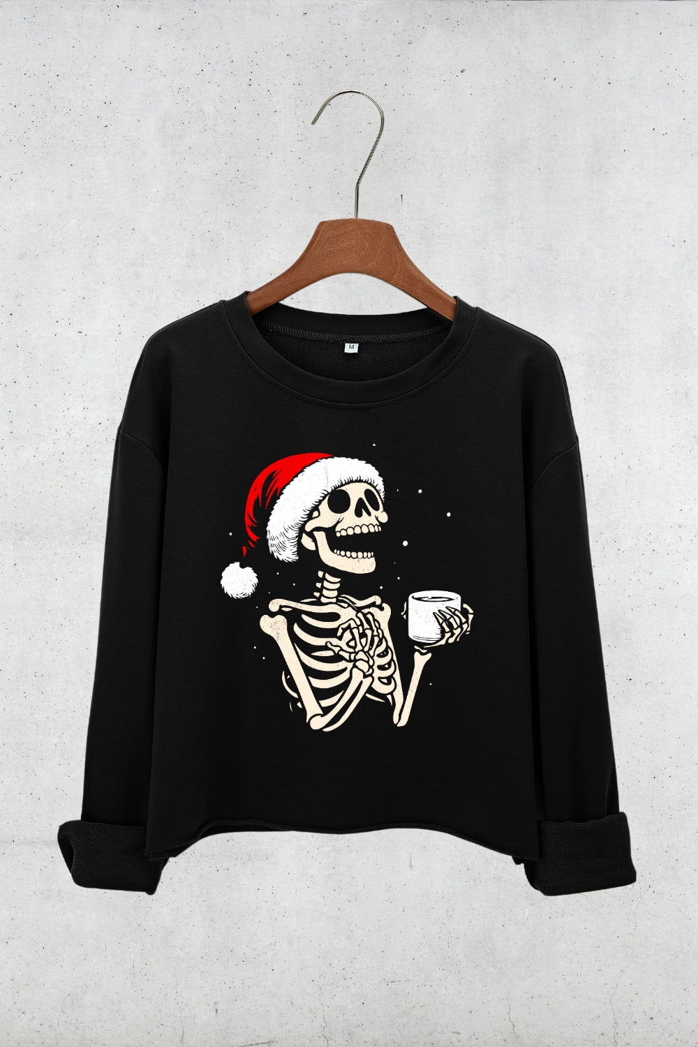 Christmas Skeleton Hot Coffee Crop Sweatshirt For Women