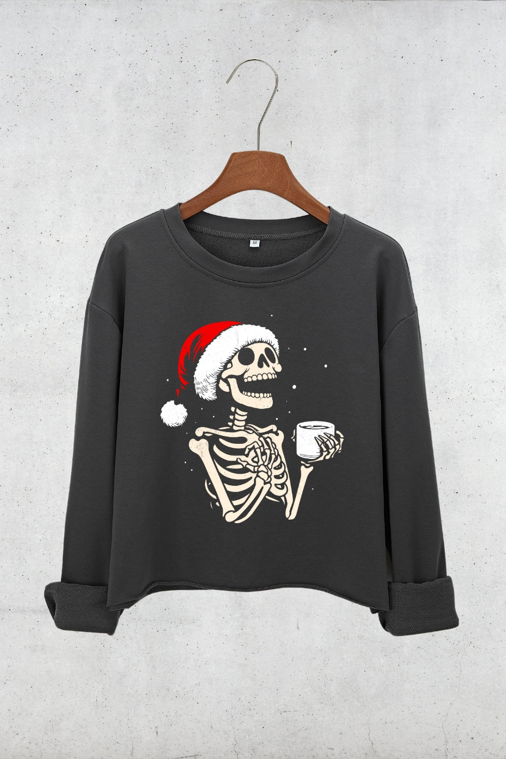 Christmas Skeleton Hot Coffee Crop Sweatshirt For Women