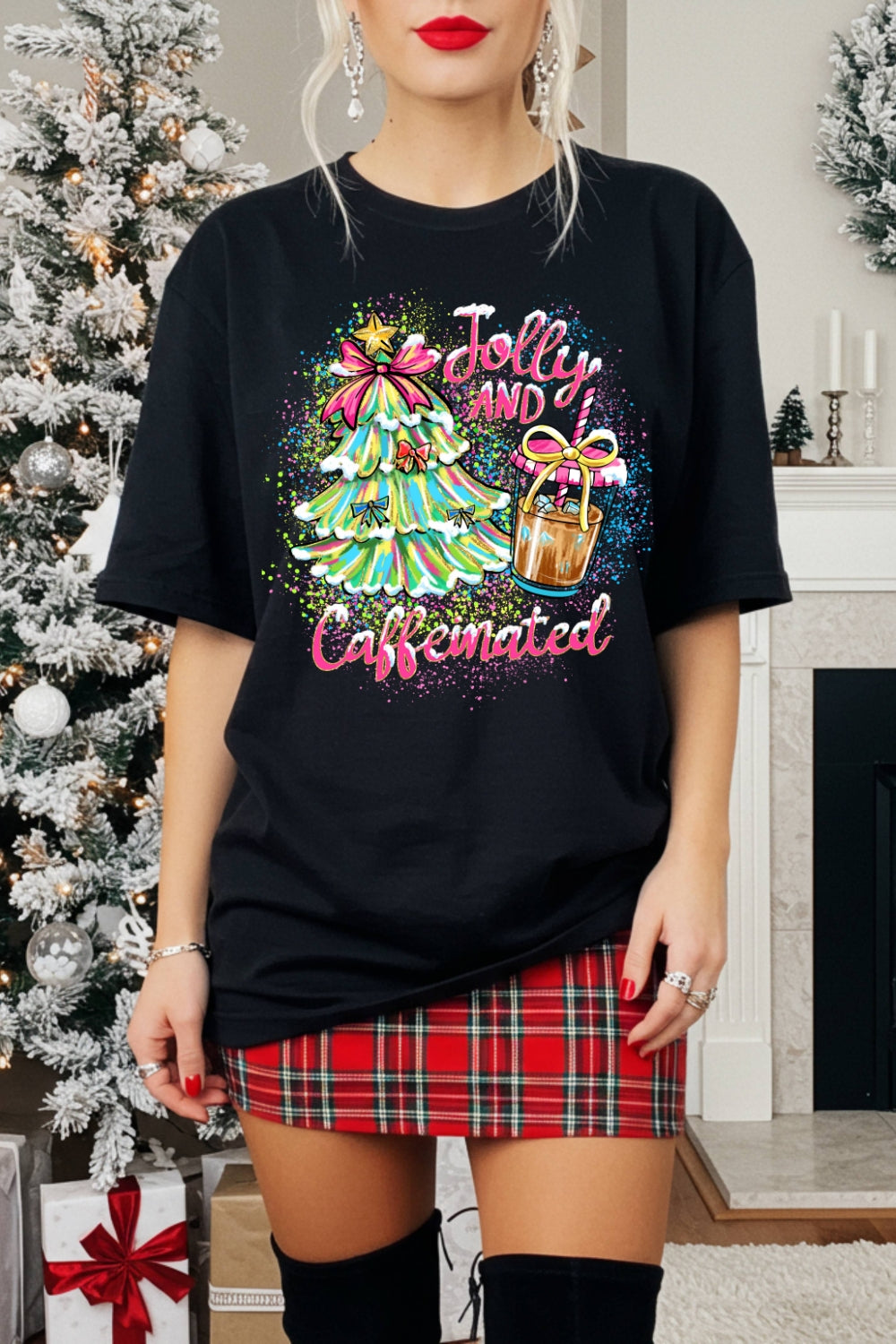 Jolly & Caffeinated Christmas Coffee Tee For Women