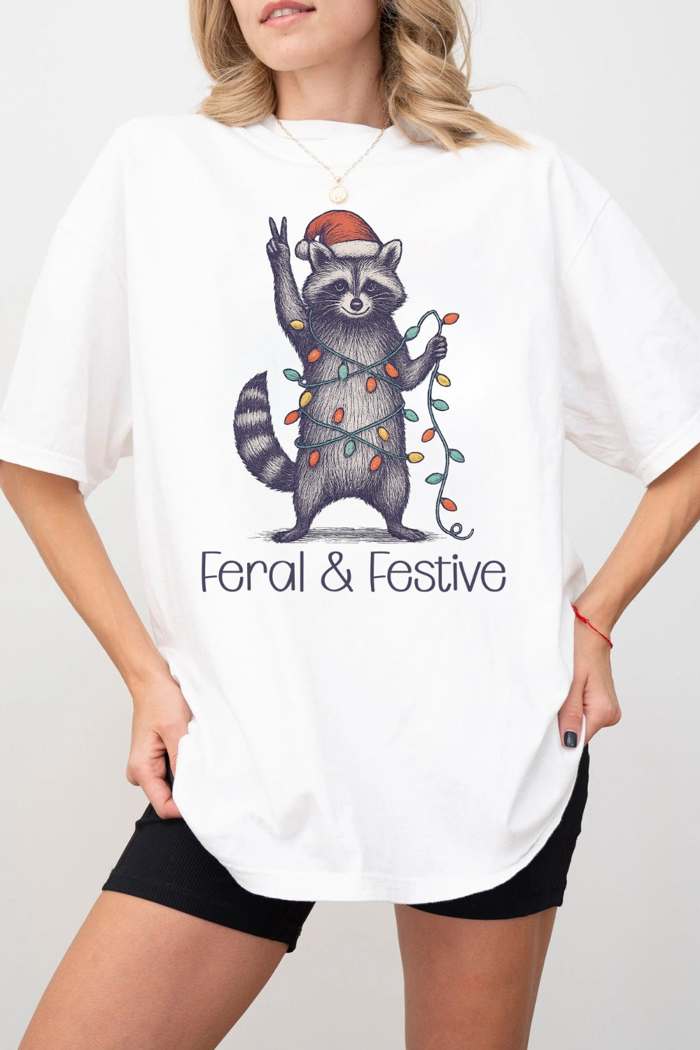 Feral and Festive Christmas Raccoon Tee For Women