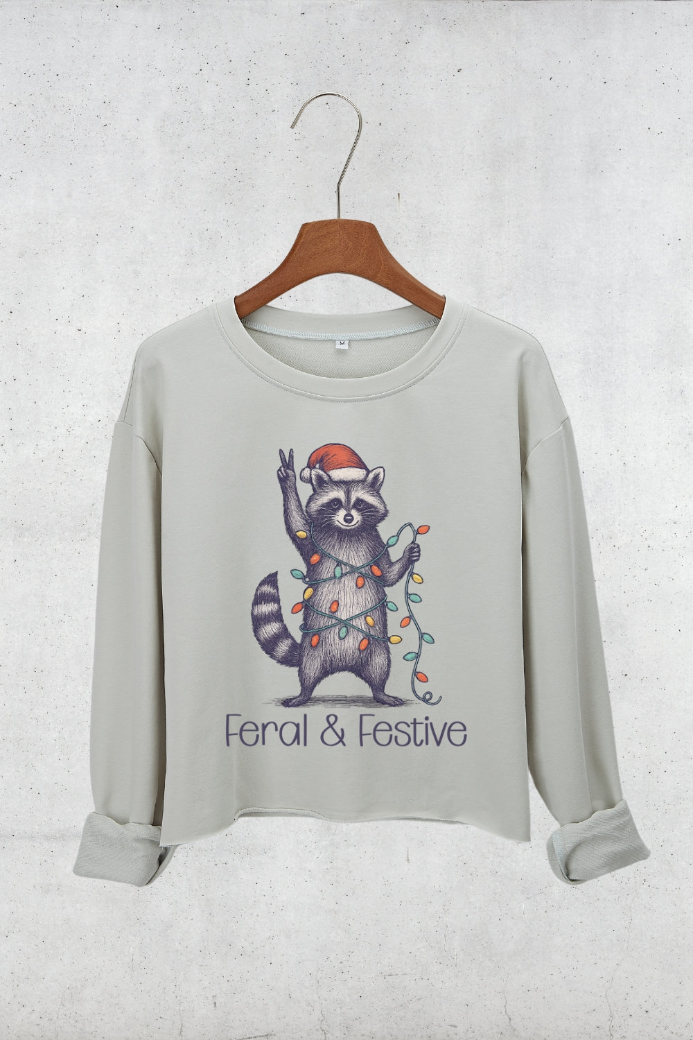 Feral and Festive Christmas Raccoon Crop Sweatshirt For Women