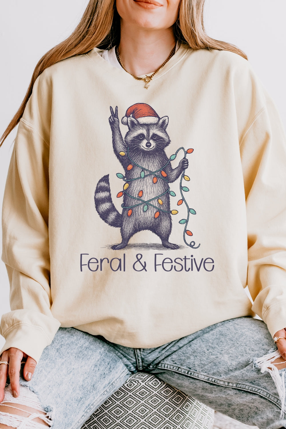 Feral and Festive Christmas Raccoon Sweatshirt For Women