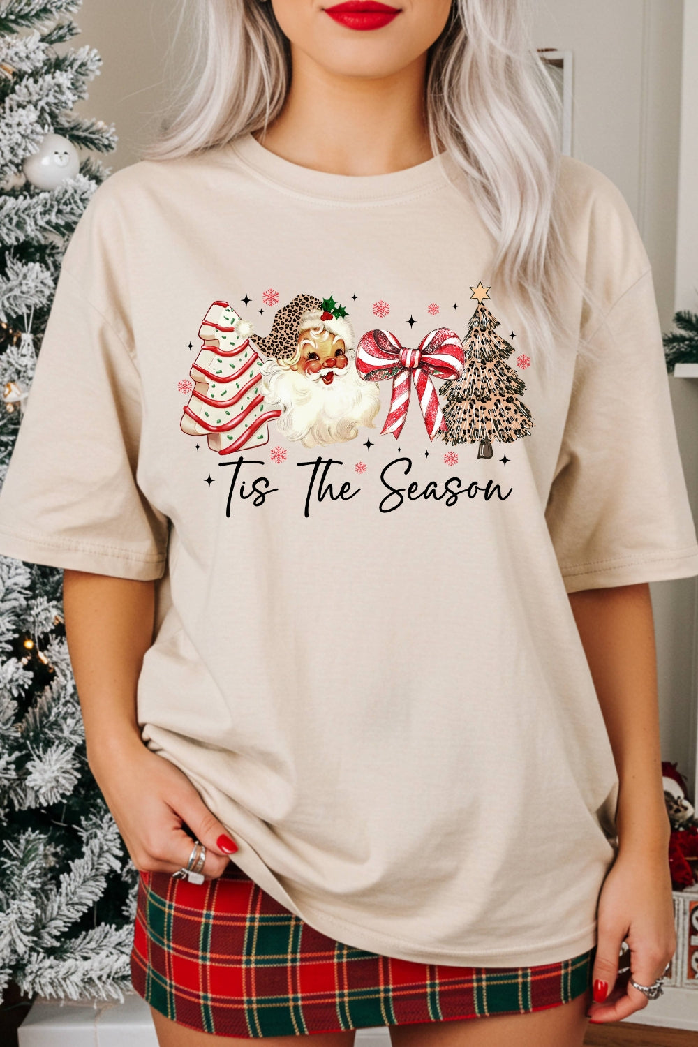 Tis The Season Leopard Santa Christmas Tee For Women
