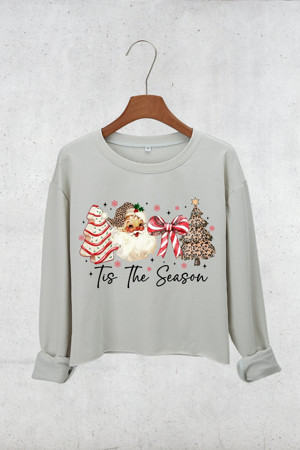 Tis The Season Leopard Santa Christmas Crop Sweatshirt For Women