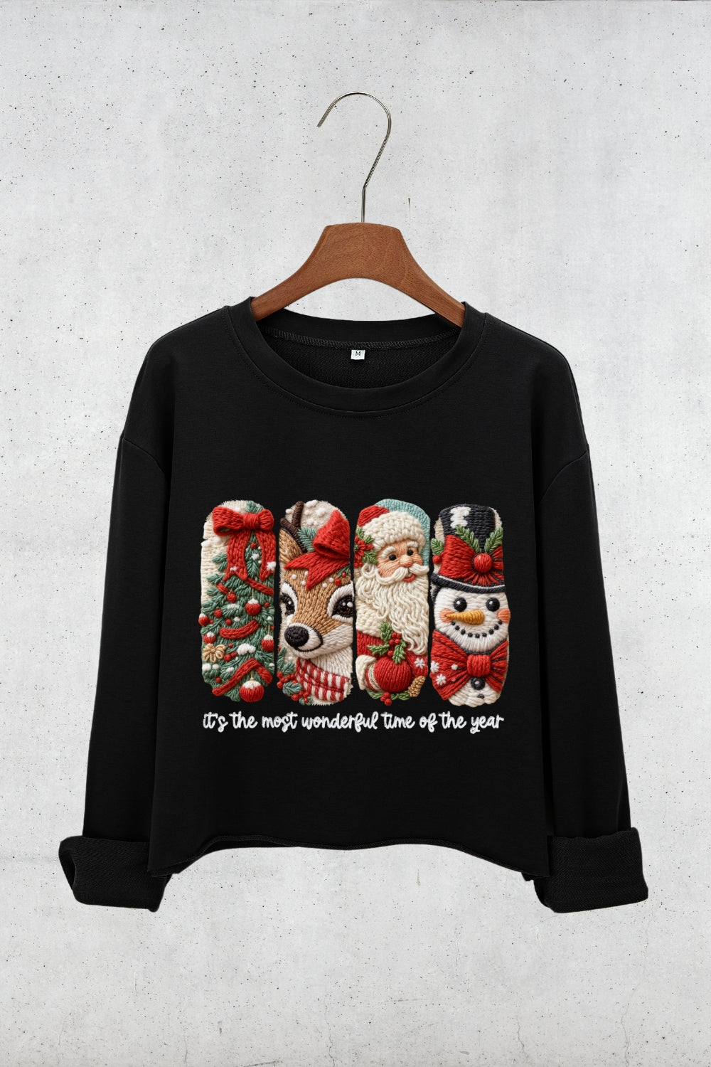 Faux Yarn Merry Christmas Doodles Crop Sweatshirt For Women