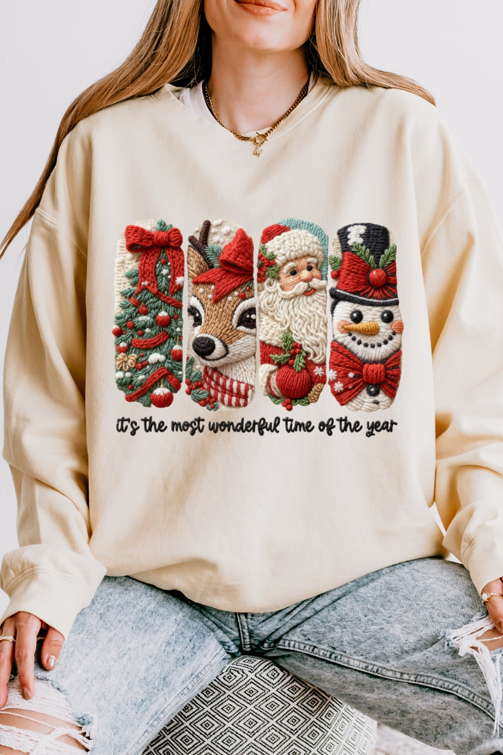 Faux Yarn Merry Christmas Doodles Sweatshirt For Women