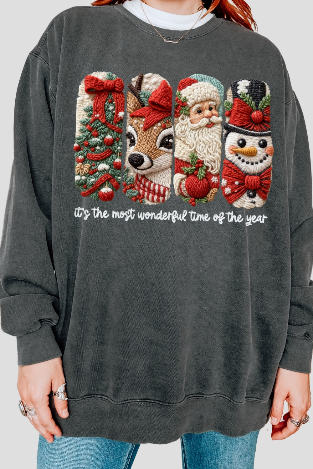 Faux Yarn Merry Christmas Doodles Sweatshirt For Women