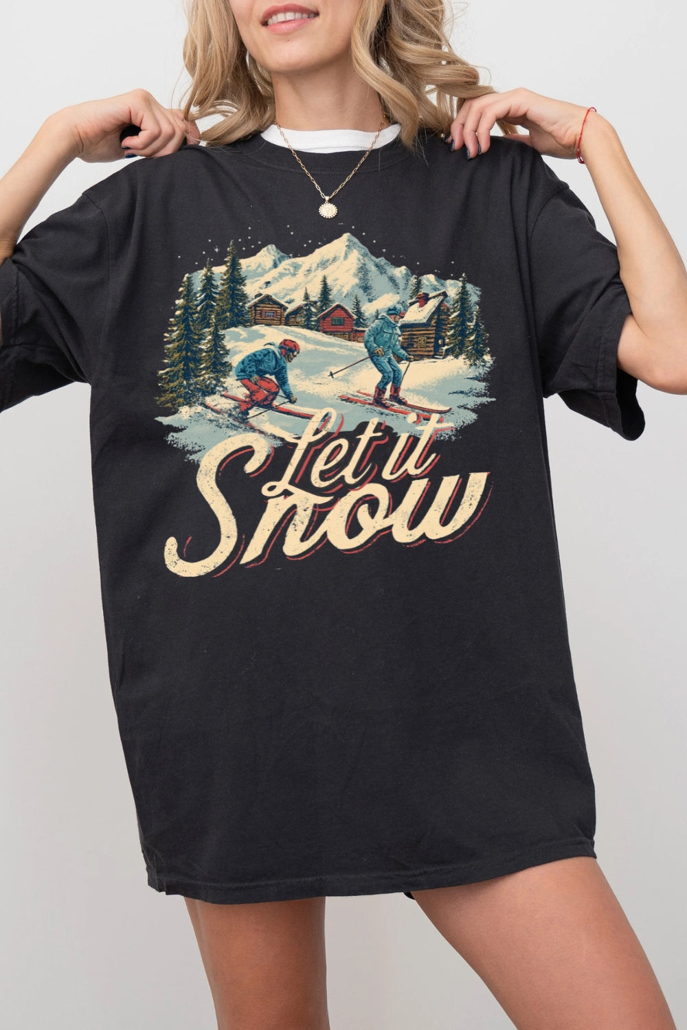 Retro Christmas Let It Snow Ski Tee For Women