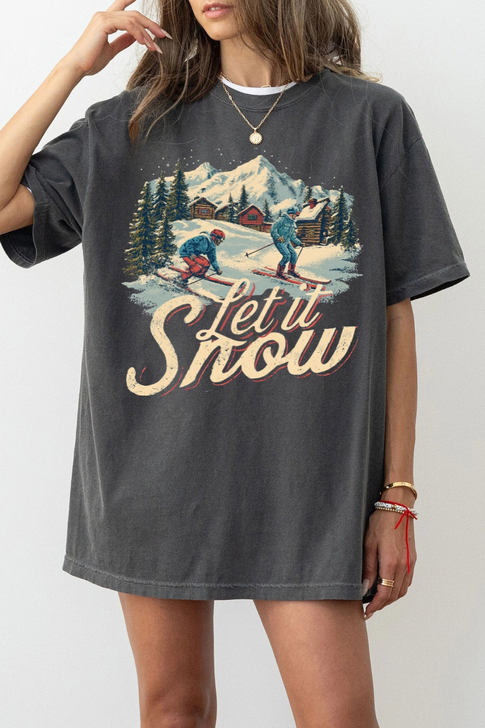 Retro Christmas Let It Snow Ski Tee For Women