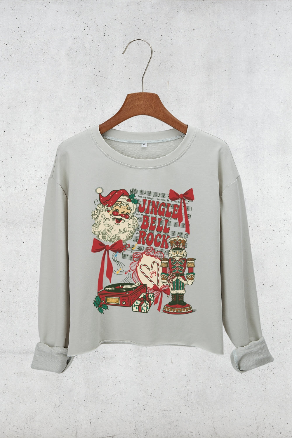 Retro Christmas Jingle Bell Rock Santa Crop Sweatshirt For Women