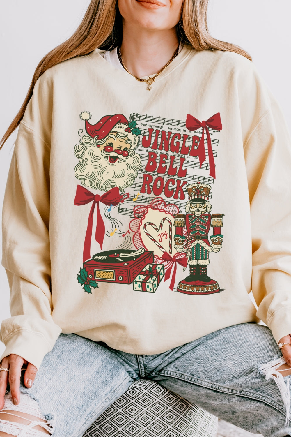 Retro Christmas Jingle Bell Rock Santa Sweatshirt For Women