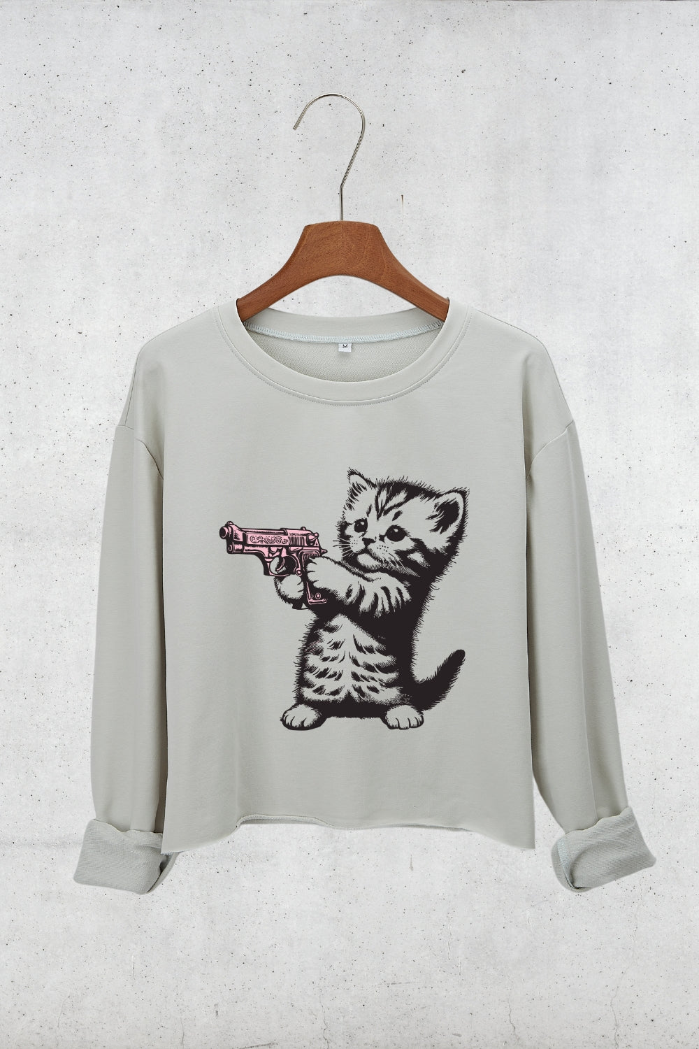 Kitten Pointing A Gun Crop Sweatshirt For Women