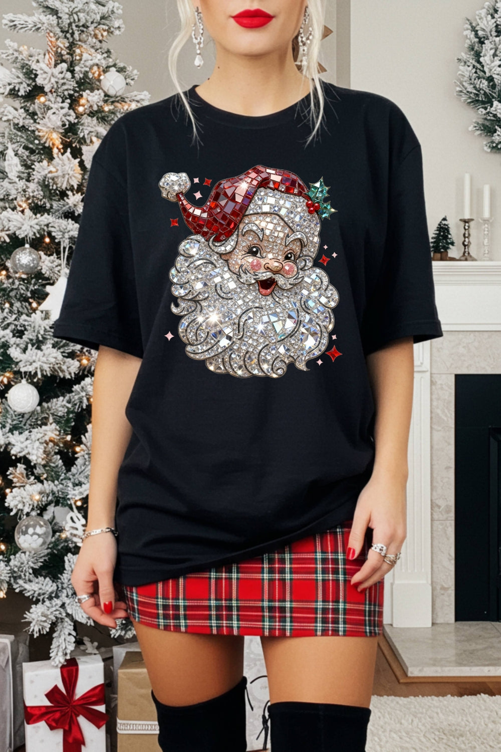 Retro Santa Crystal Mosaic Print Tee For Women