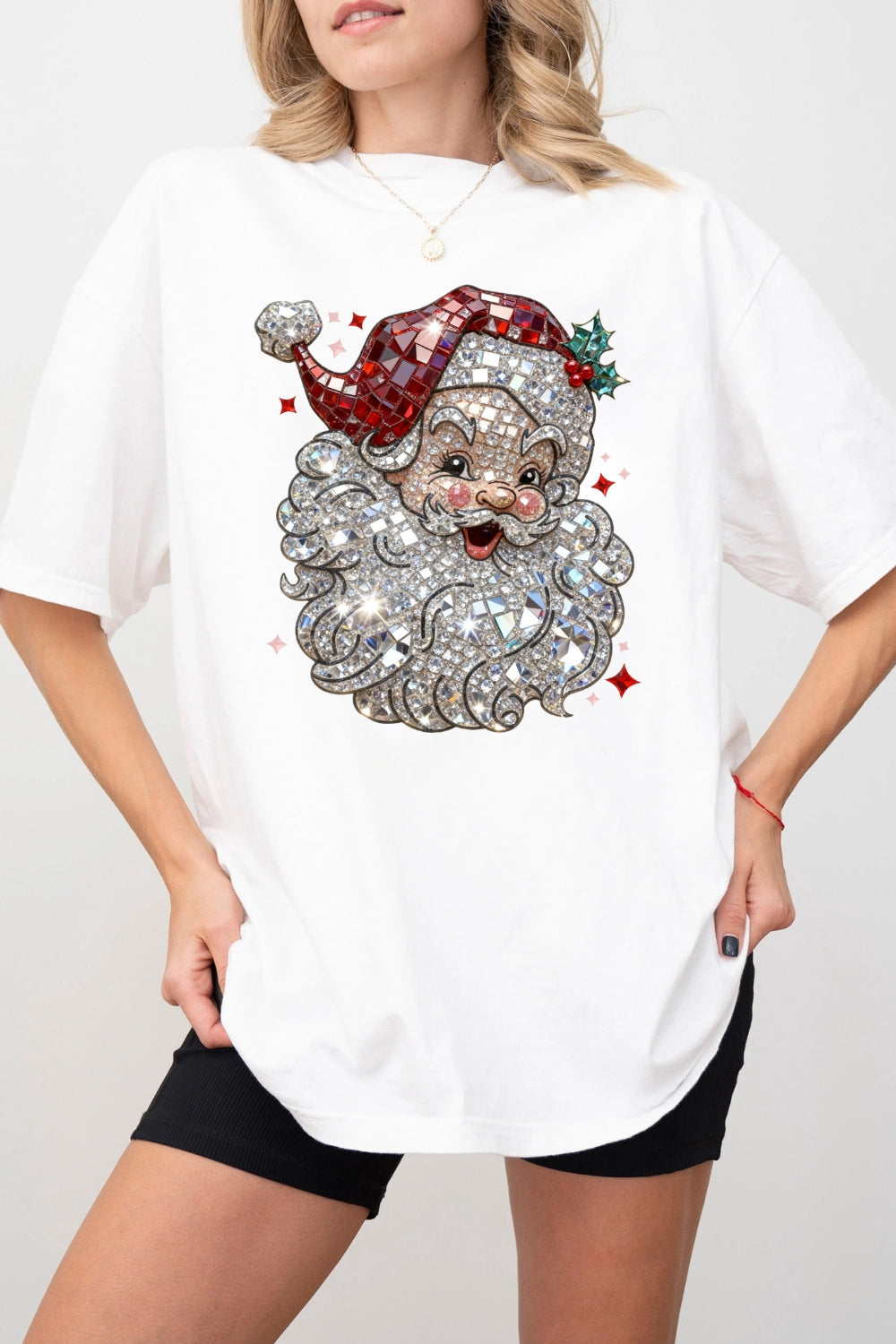 Retro Santa Crystal Mosaic Print Tee For Women