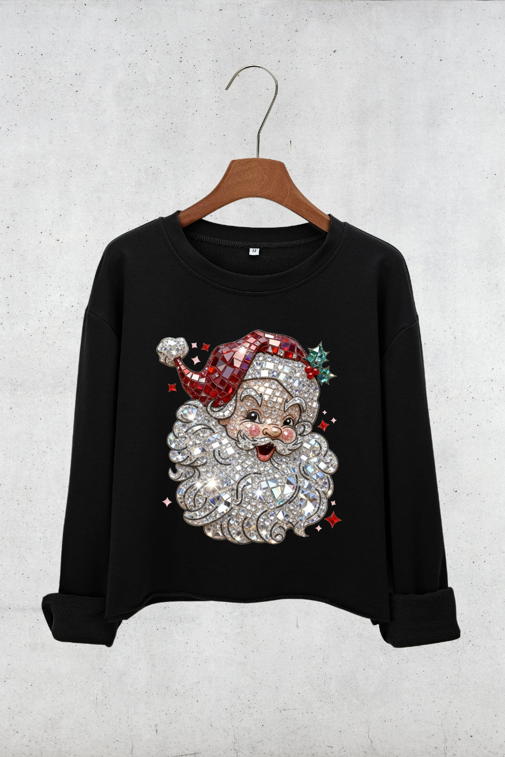 Retro Santa Crystal Mosaic Print Crop Sweatshirt For Women