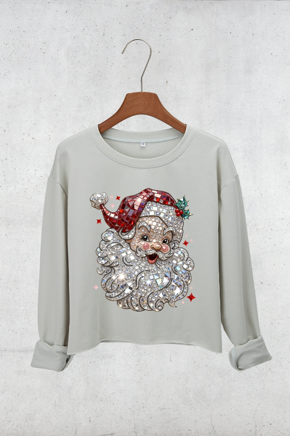 Retro Santa Crystal Mosaic Print Crop Sweatshirt For Women