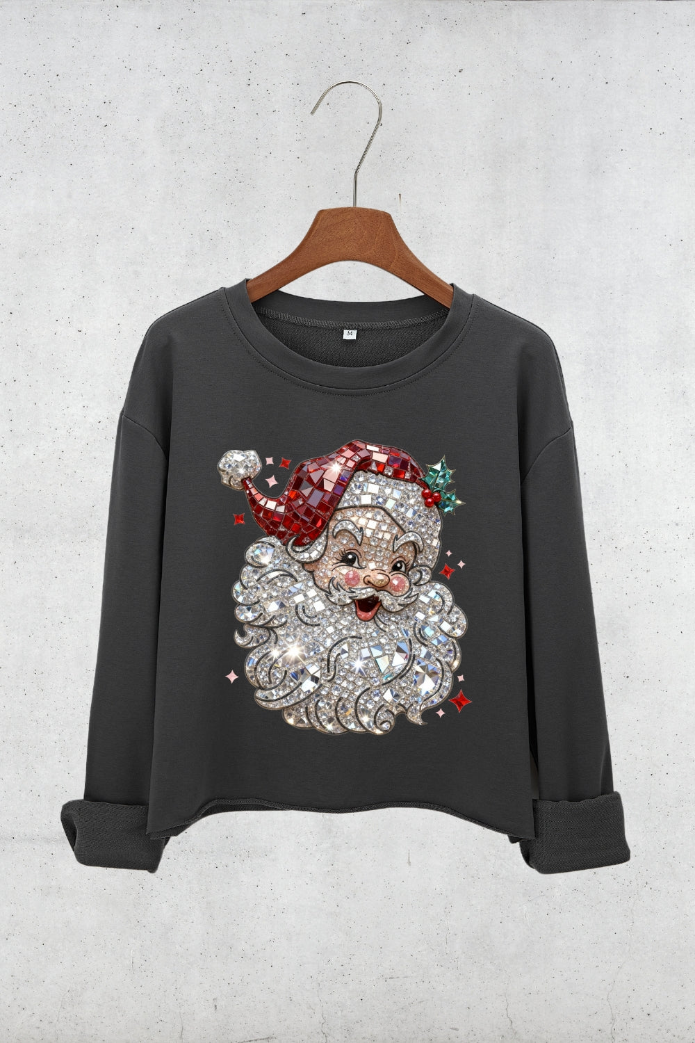 Retro Santa Crystal Mosaic Print Crop Sweatshirt For Women