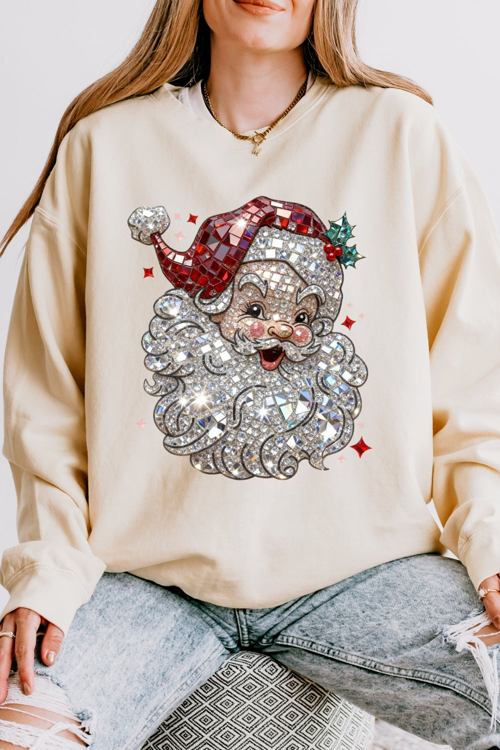 Retro Santa Crystal Mosaic Print Sweatshirt For Women