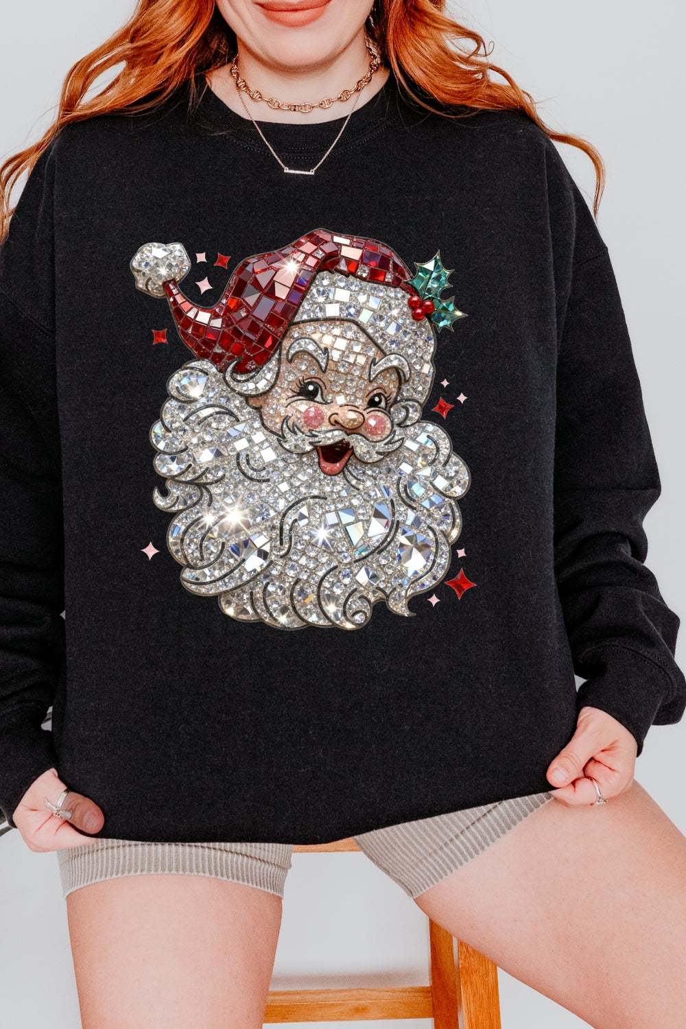Retro Santa Crystal Mosaic Print Sweatshirt For Women