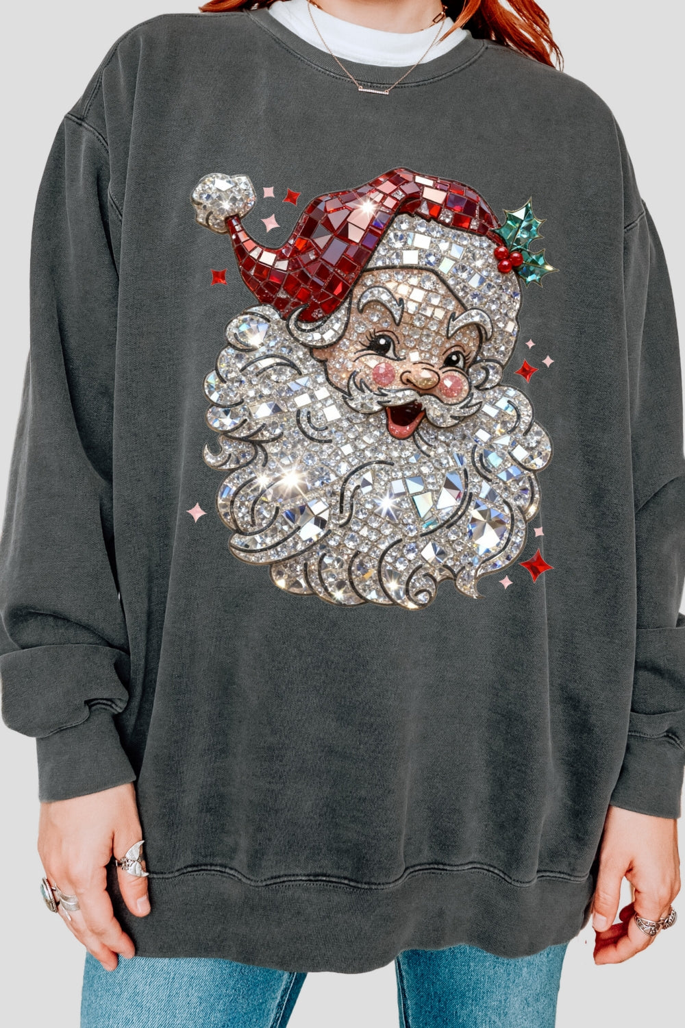 Retro Santa Crystal Mosaic Print Sweatshirt For Women