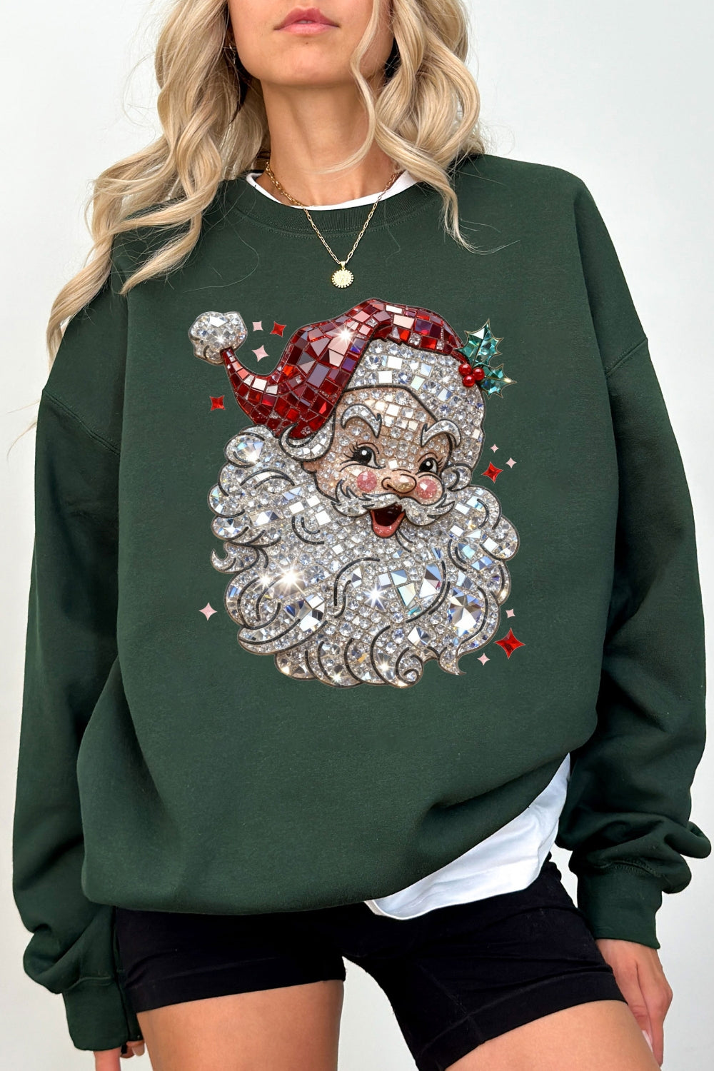 Retro Santa Crystal Mosaic Print Sweatshirt For Women