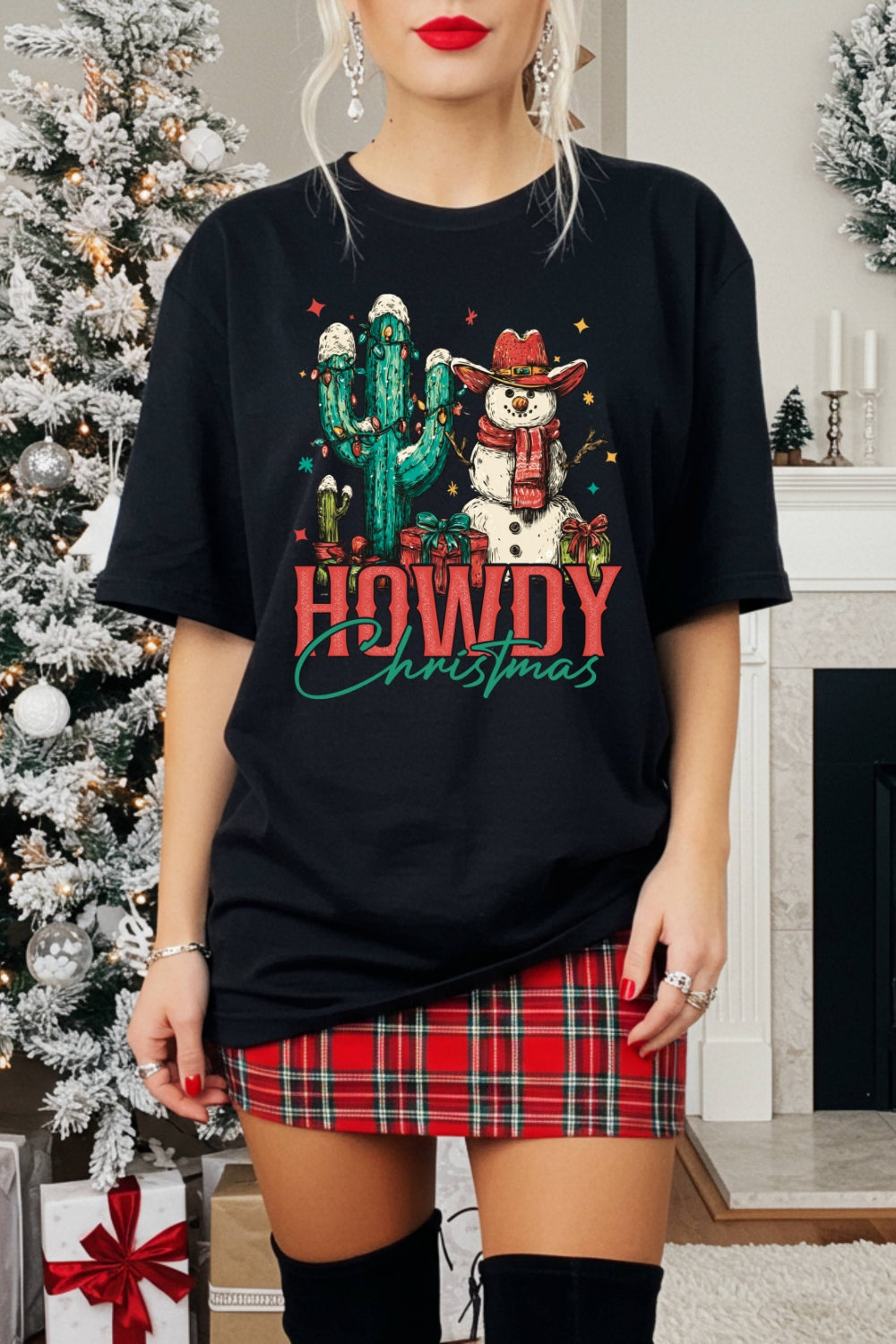 Howdy Christmas Western Snowman Tee For Women