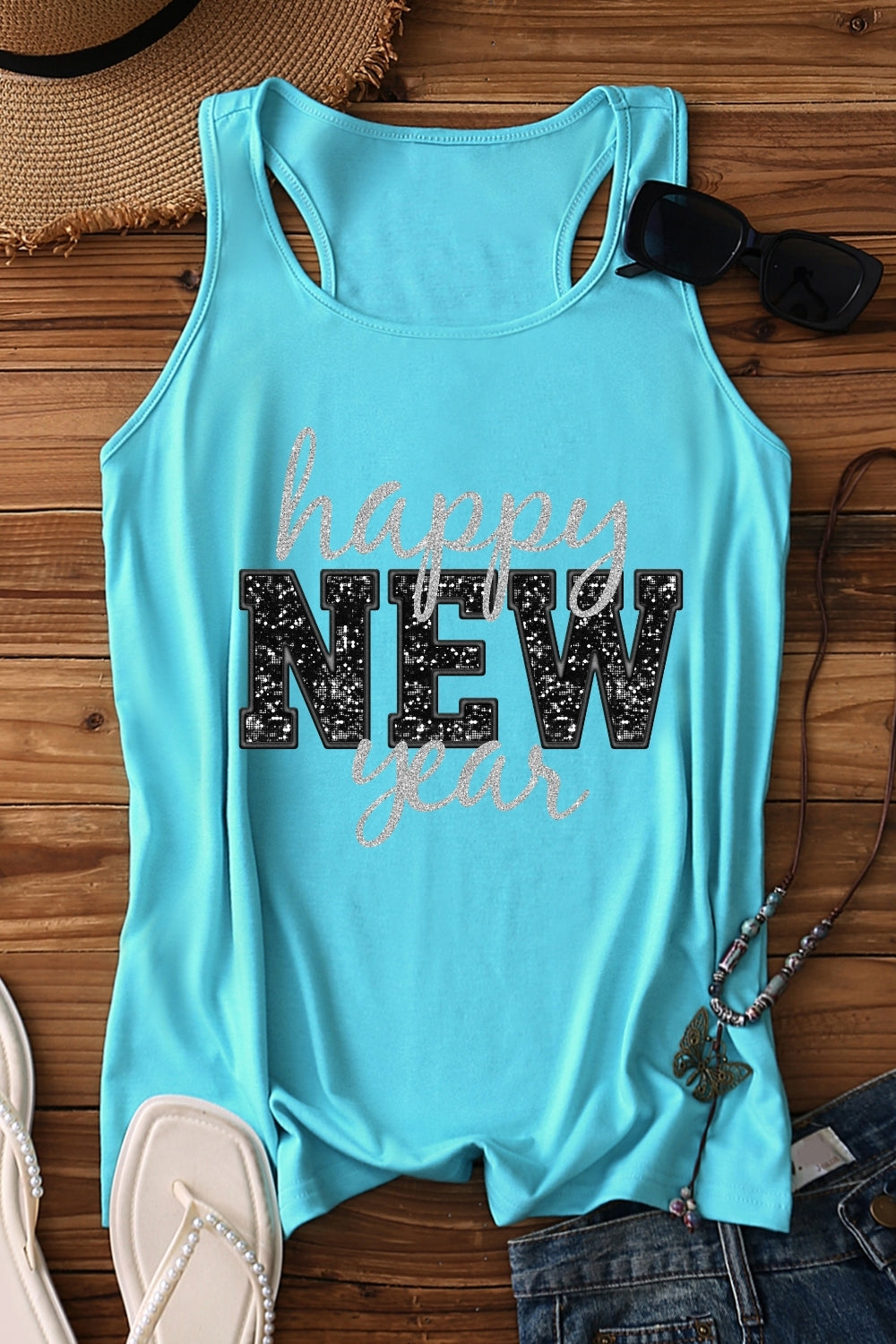 Happy New Year Glitter Tank Top For Women