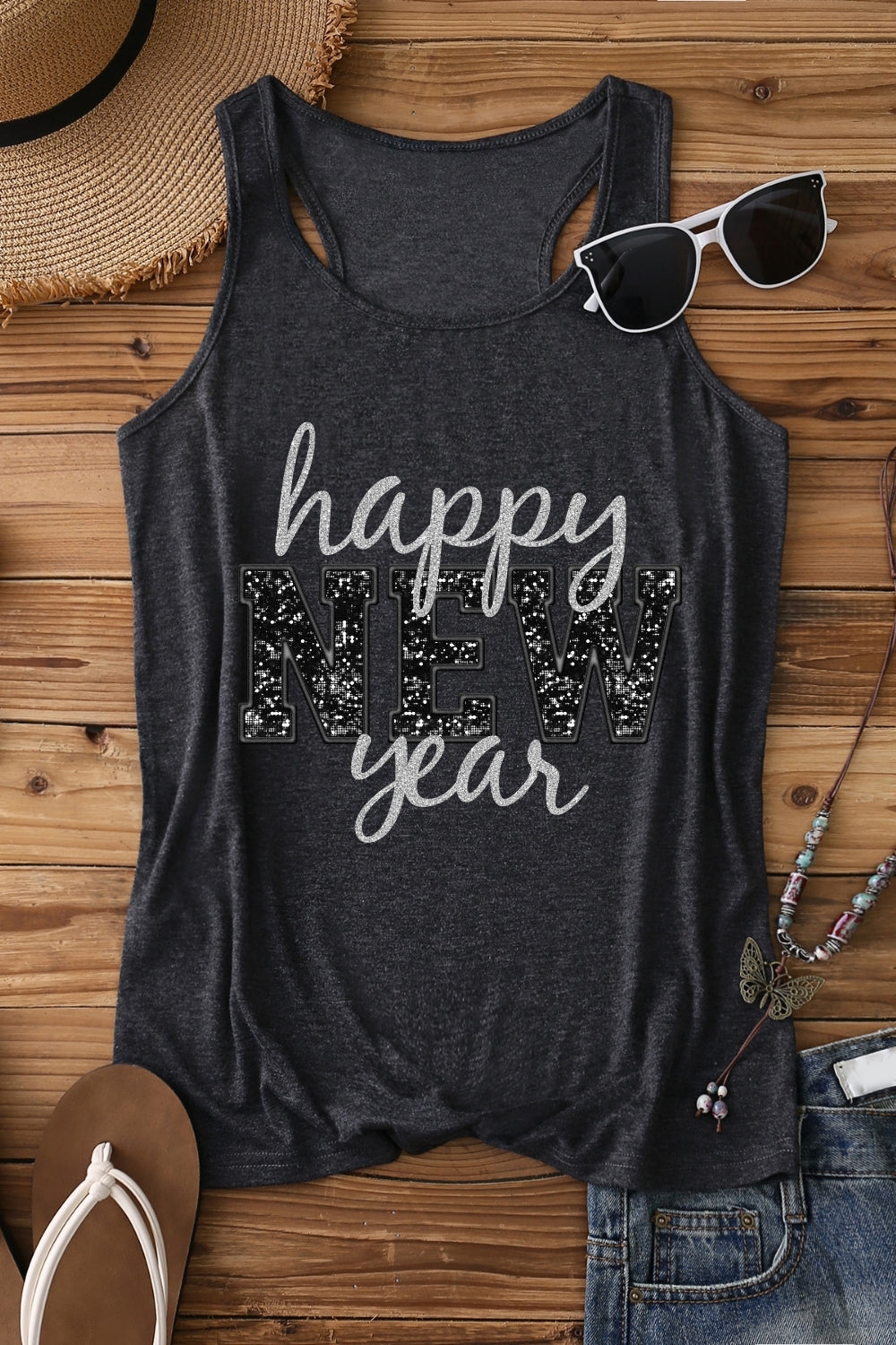 Happy New Year Glitter Tank Top For Women
