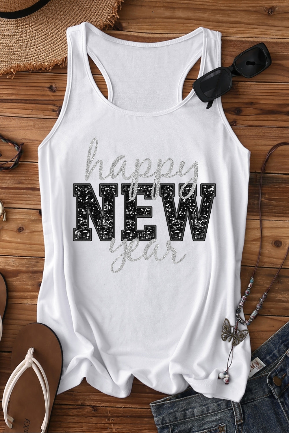 Happy New Year Glitter Tank Top For Women