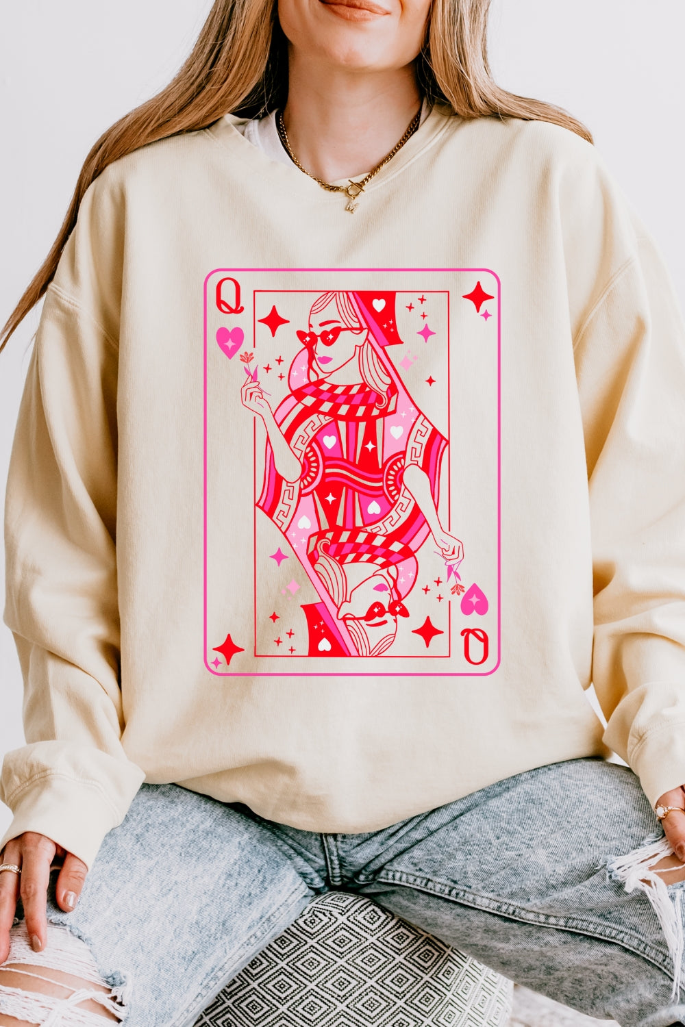Queen Of Hearts Cute Playing Card Sweatshirt For Women
