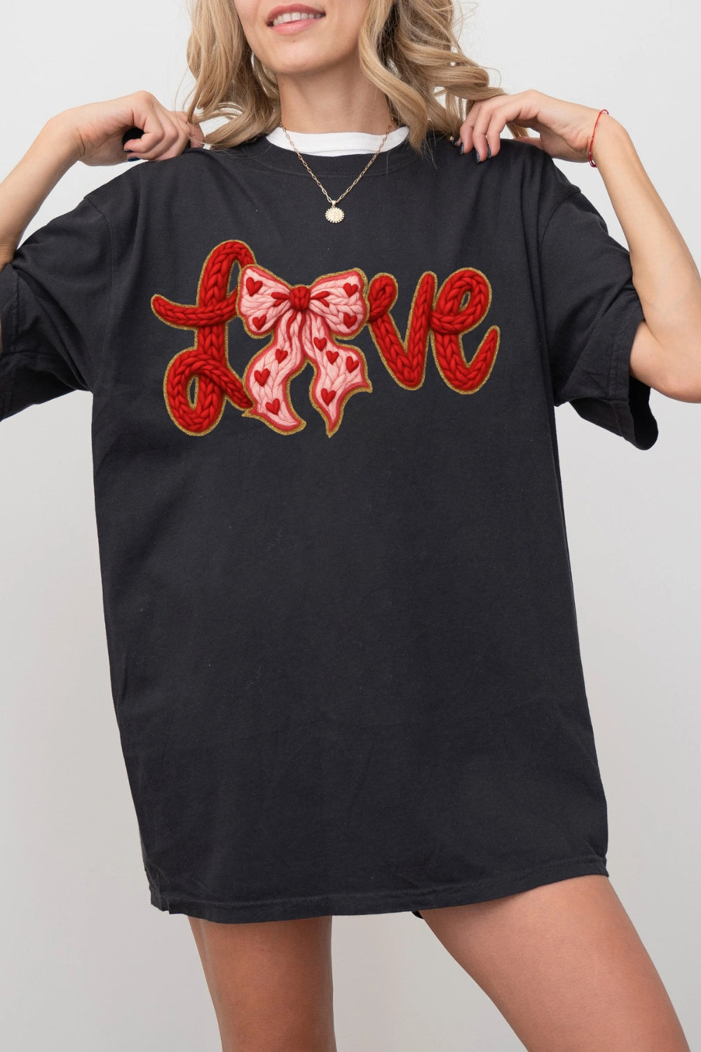 Valentine's Day LOVE Faux Knitted Print Tee For Women