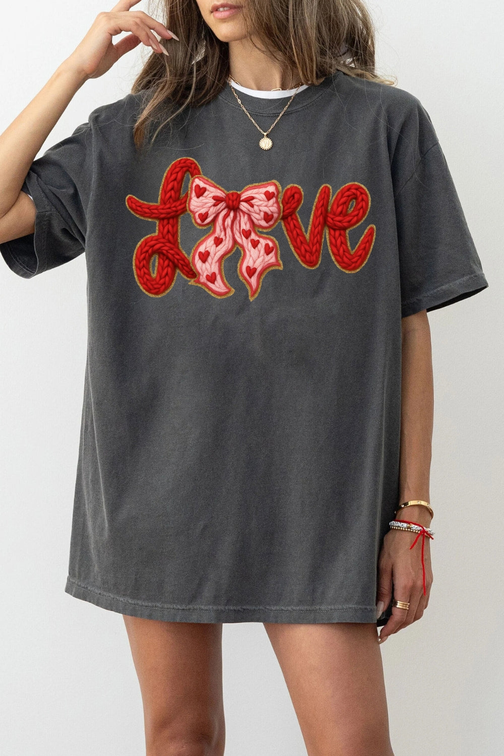 Valentine's Day LOVE Faux Knitted Print Tee For Women
