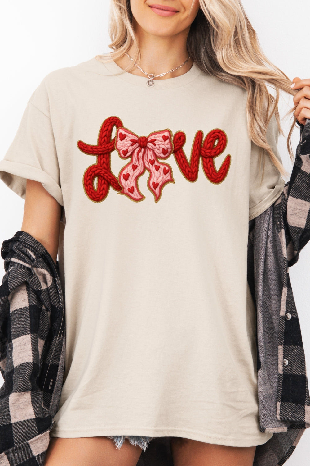 Valentine's Day LOVE Faux Knitted Print Tee For Women