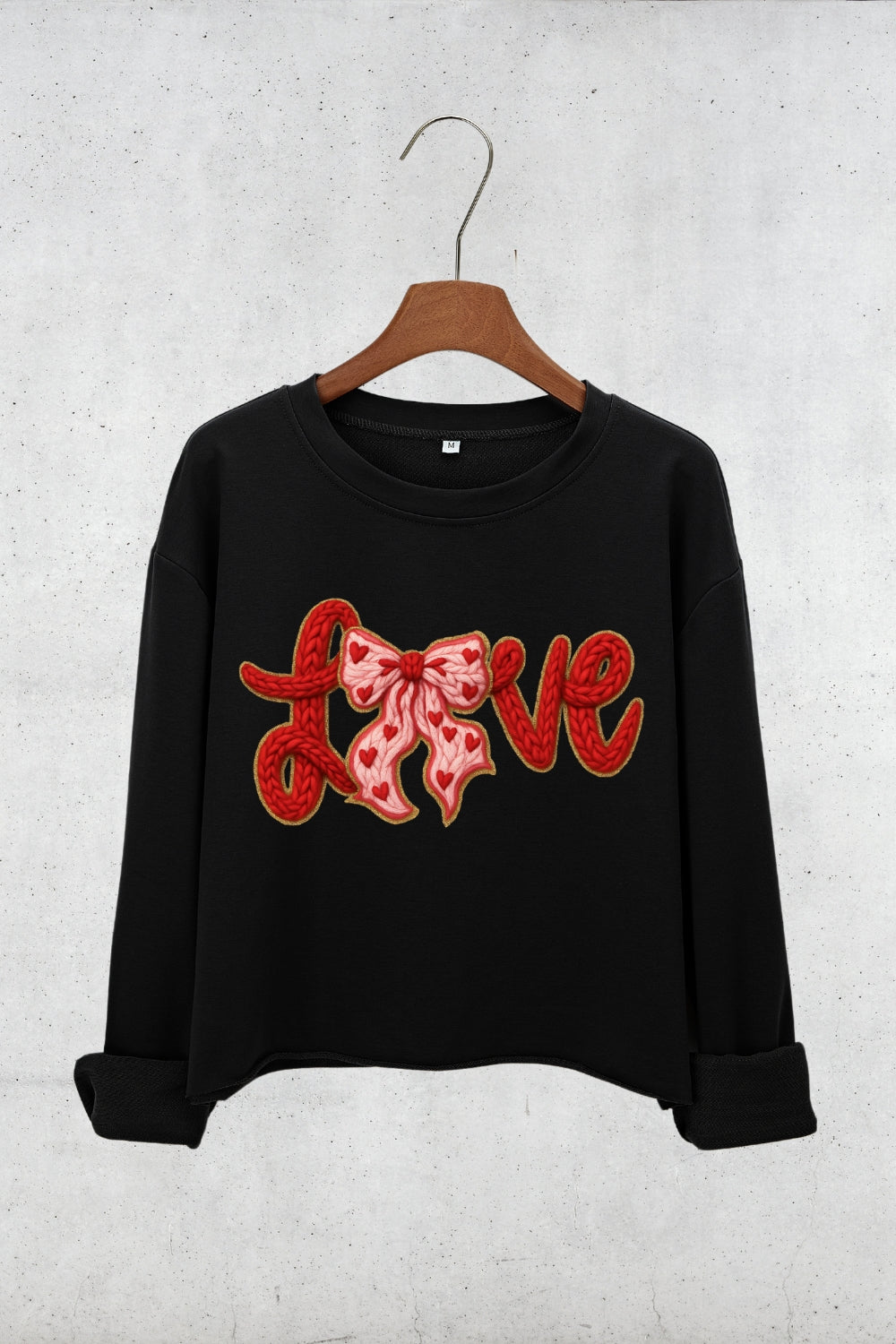 Valentine's Day LOVE Faux Knitted Print Crop Sweatshirt For Women