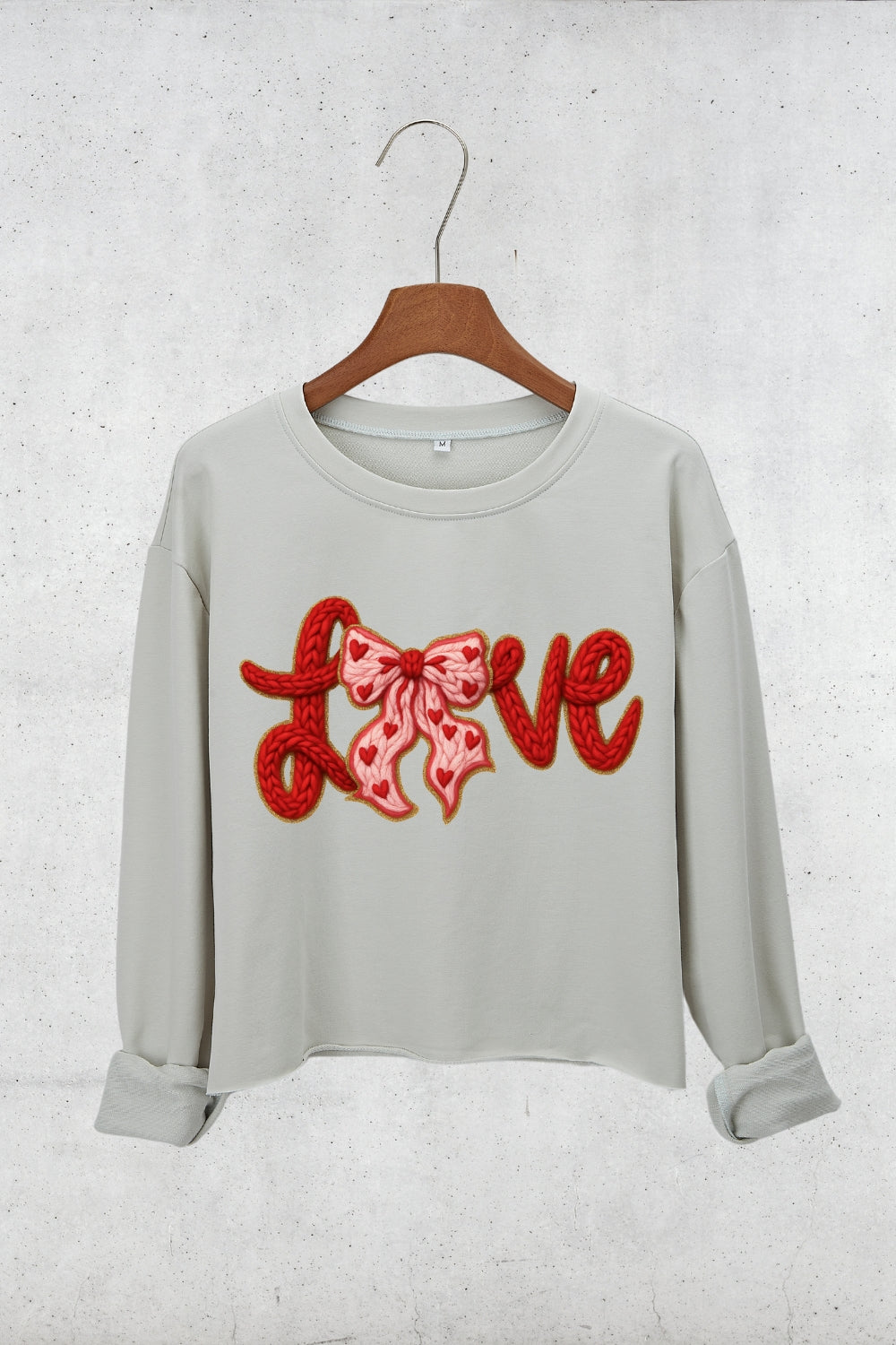 Valentine's Day LOVE Faux Knitted Print Crop Sweatshirt For Women
