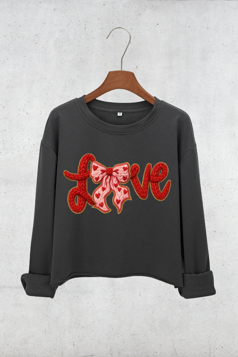 Valentine's Day LOVE Faux Knitted Print Crop Sweatshirt For Women