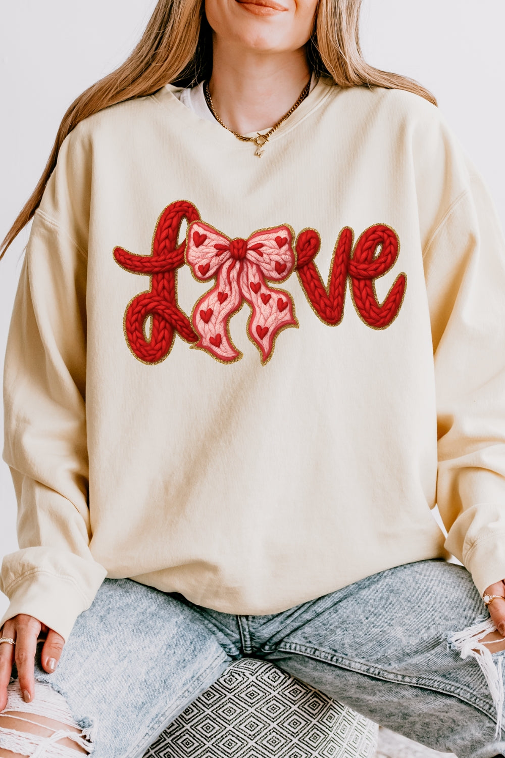 Valentine's Day LOVE Faux Knitted Print Sweatshirt For Women