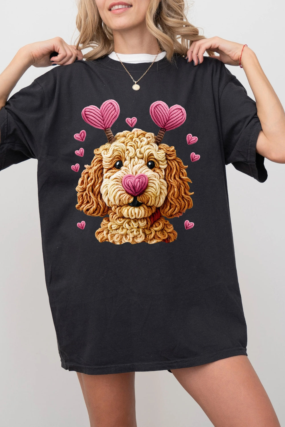 Valentines Dog Heart Faux Yarn Print Tee For Women