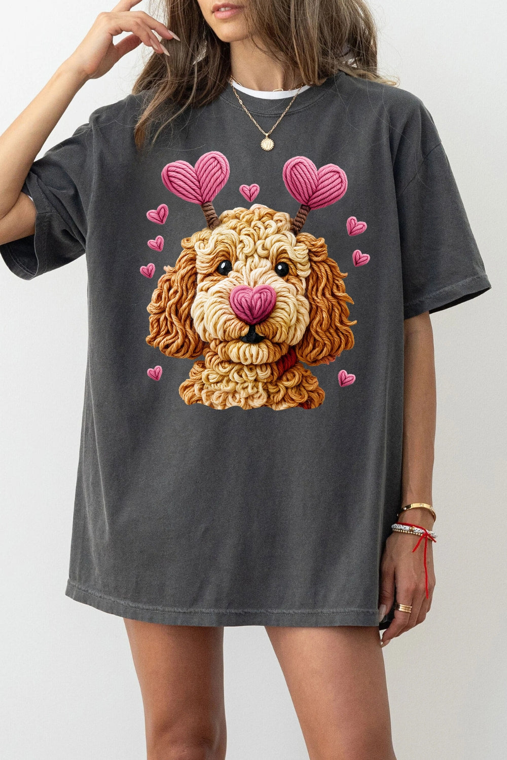 Valentines Dog Heart Faux Yarn Print Tee For Women