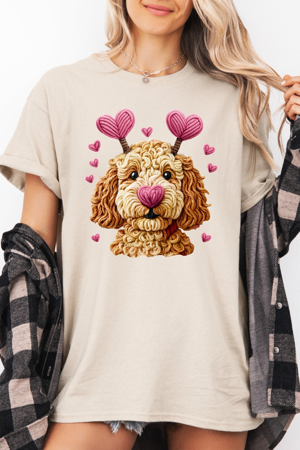 Valentines Dog Heart Faux Yarn Print Tee For Women