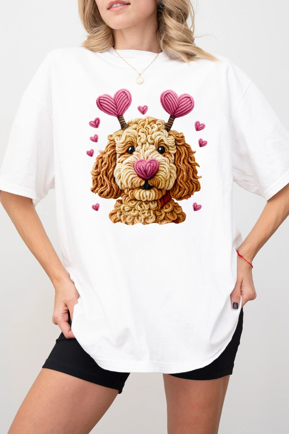 Valentines Dog Heart Faux Yarn Print Tee For Women