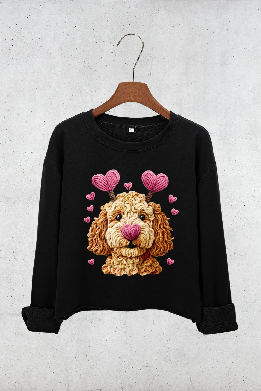 Valentines Dog Heart Faux Yarn Print Crop Sweatshirt For Women