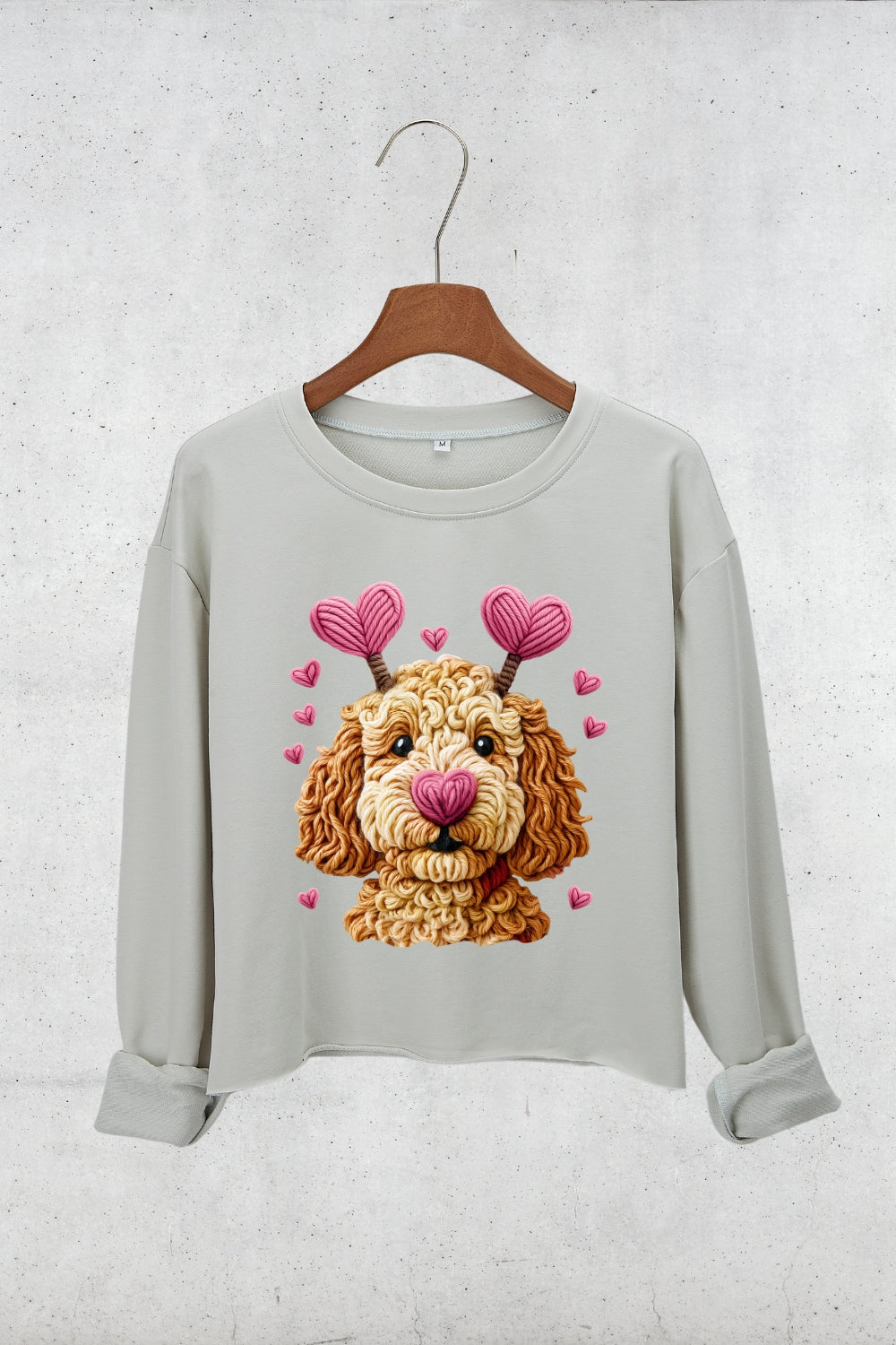 Valentines Dog Heart Faux Yarn Print Crop Sweatshirt For Women