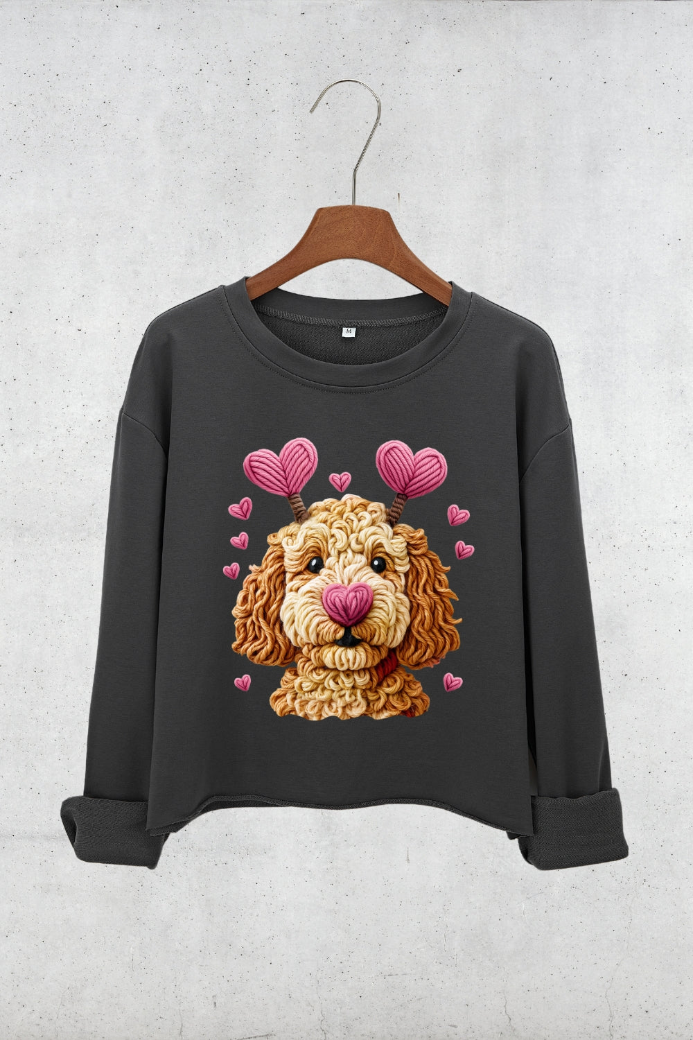 Valentines Dog Heart Faux Yarn Print Crop Sweatshirt For Women