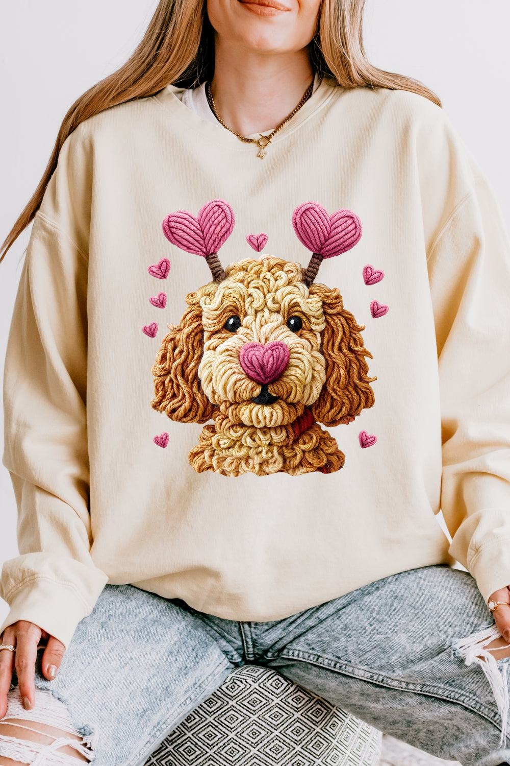 Valentines Dog Heart Faux Yarn Print Sweatshirt For Women