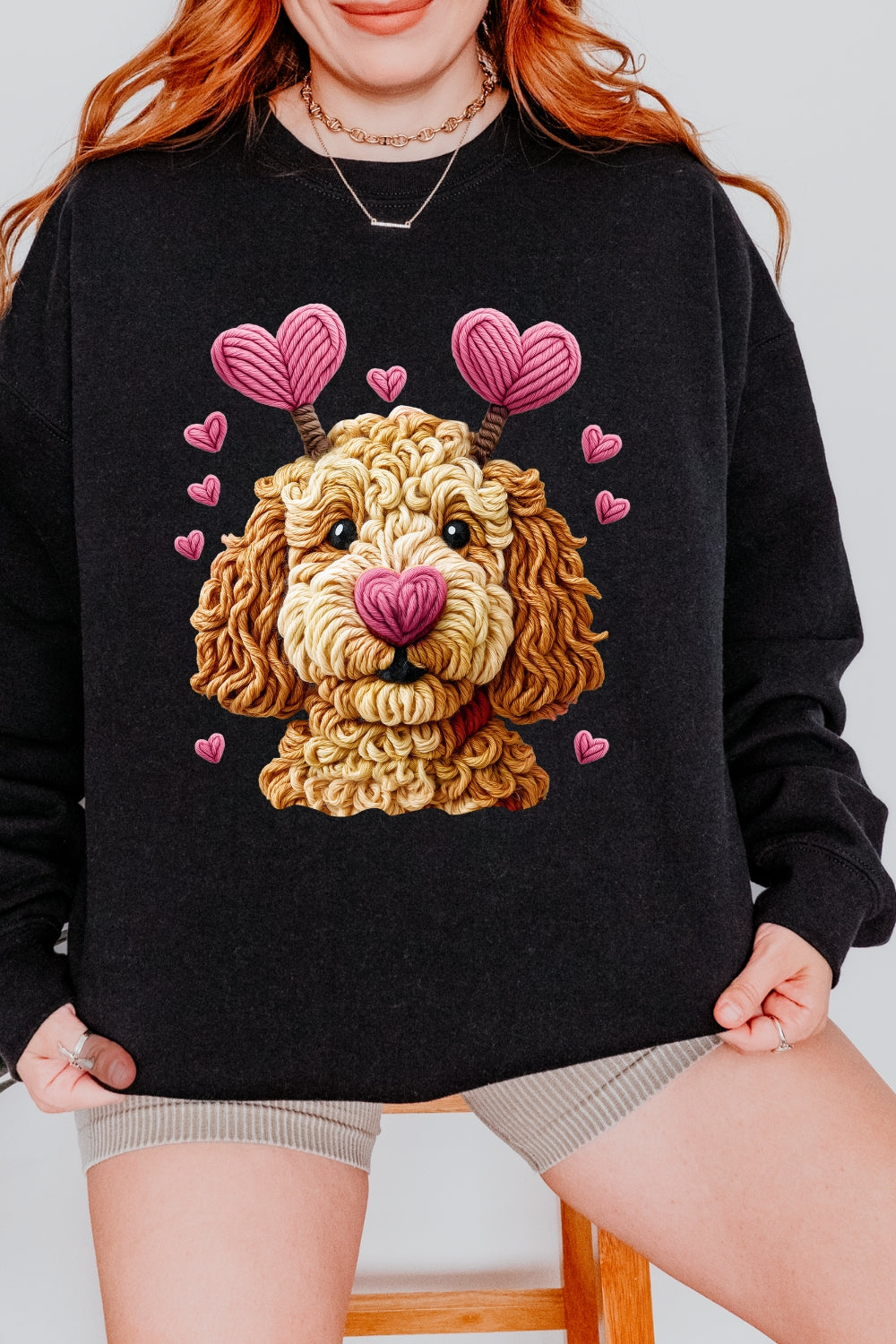 Valentines Dog Heart Faux Yarn Print Sweatshirt For Women