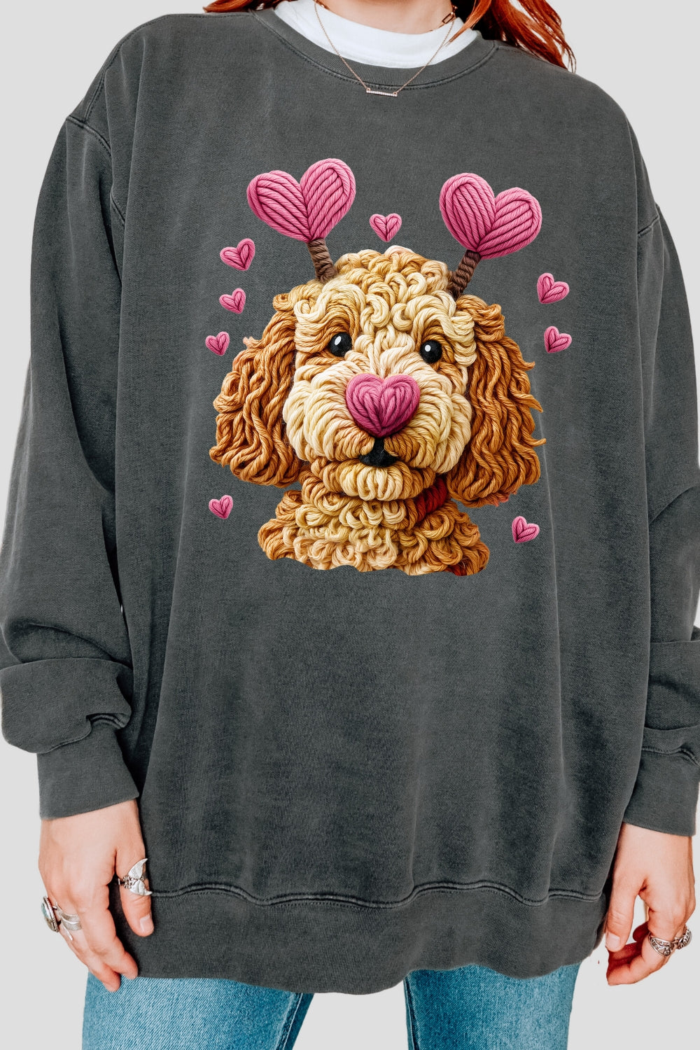 Valentines Dog Heart Faux Yarn Print Sweatshirt For Women