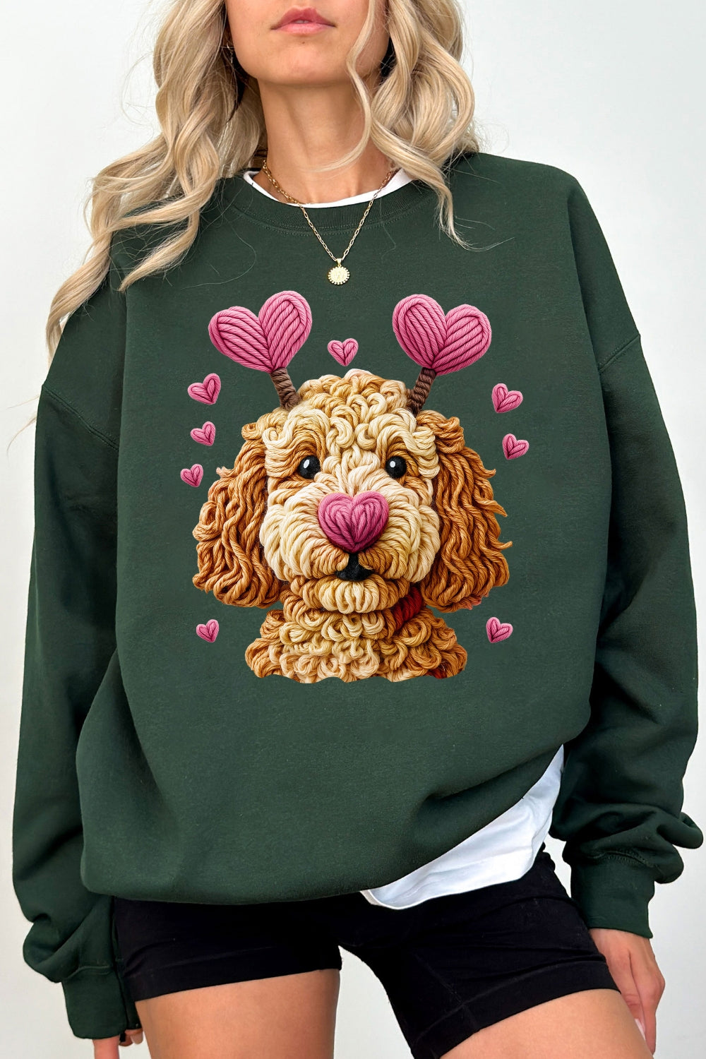 Valentines Dog Heart Faux Yarn Print Sweatshirt For Women