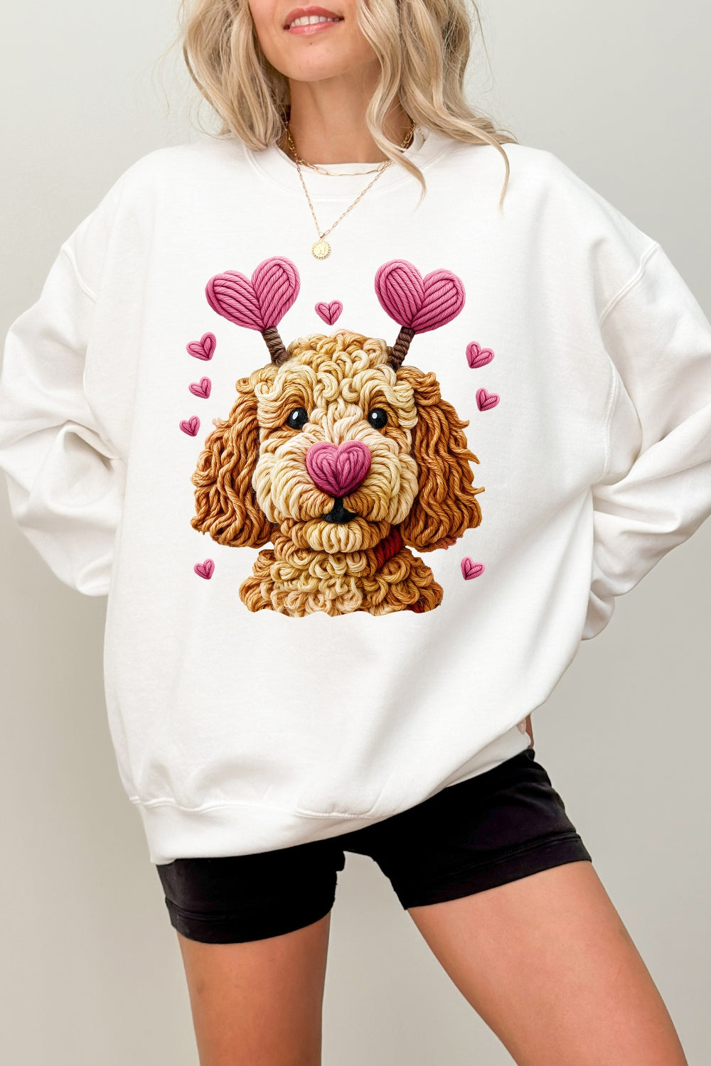 Valentines Dog Heart Faux Yarn Print Sweatshirt For Women