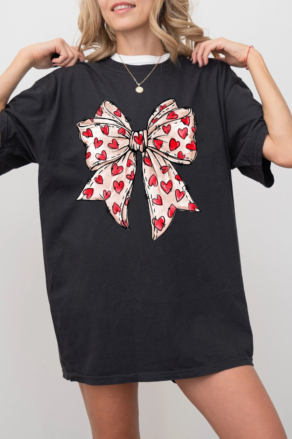 Retro Heart Valentine's Day Coquette Bow Tee For Women